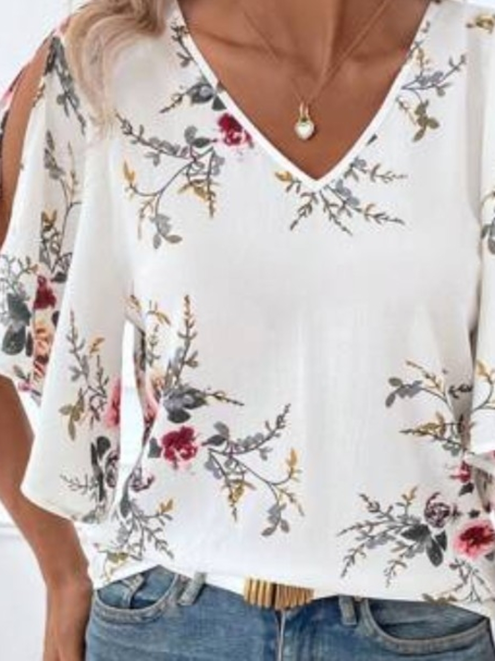 Women's Floral Cold-Shoulder V-Neck Blouse